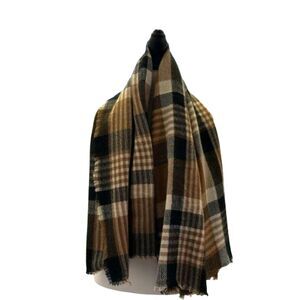 ModCloth Plaid Blanket Scarf Wrap Womens Raw Hem Fringe Minimalist Neck Warmer